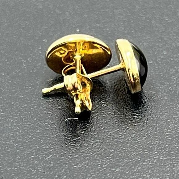 Designer Hallmarked 14K Yellow Gold Black Onyx Stud Earrings 7.5mm x 5mm Oval - Picture 5 of 12